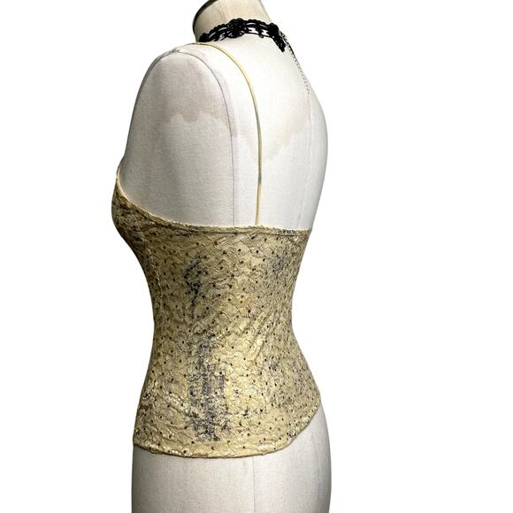 Rare Vintage 90's Forever 21 Bedazzled Gold Lace Glam Grunge Rouched Tank Top - Picture 4 of 16